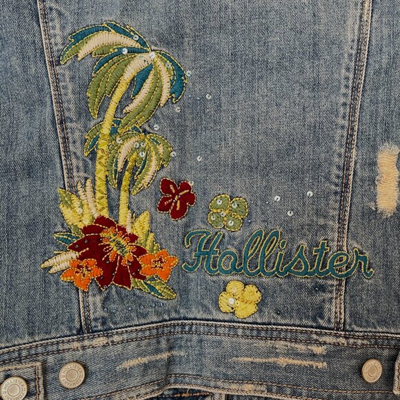 Hollister Cali Denim Jean Jacket Medium Tropical Palm Tree Flowers Embellished - Picture 2 of 9